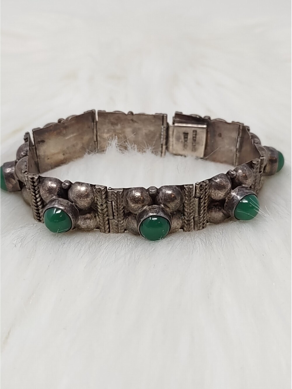 VTG Mexican Sterling Silver Green Cabochon Panel Bracelet